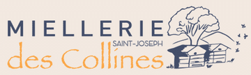 Mielerie Saint-Joseph des Collines : Logo Artisanal Logo de la Mielerie Saint-Joseph des Collines avec ruches, arbres et abeilles en vol. Typographie bleue et orange sur fond crème.